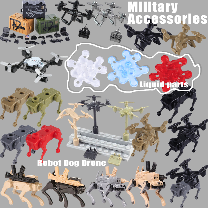 Lego Minifigure Holder - อุปกรณ์เสริมทางทหารสงครามโลกครั้งที่ 2 โดรนหุ่นยนต์สุนัข บล็อกตัวต่อ ชิ้นส่วนของเหลว ฟิกเกอร์ทหาร