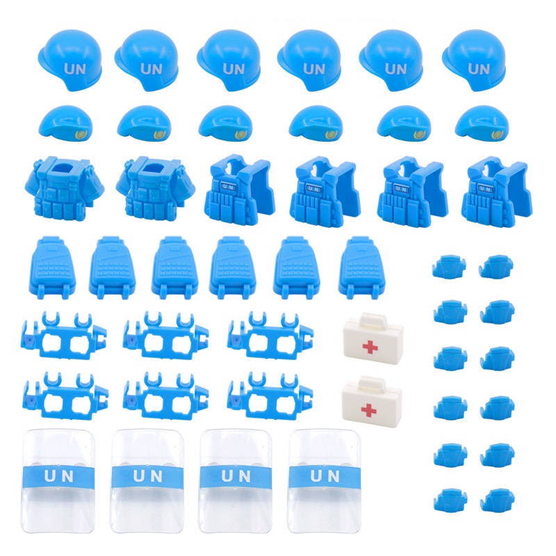 Lego Minifigure Holder - UN peacelkeeping FORC เสื้อเบเร่ต์กันกระสุนทหาร Moc มินิฟิกเกอร์ก่อสร้างอิฐของเล่นเด็กผู้ชาย
